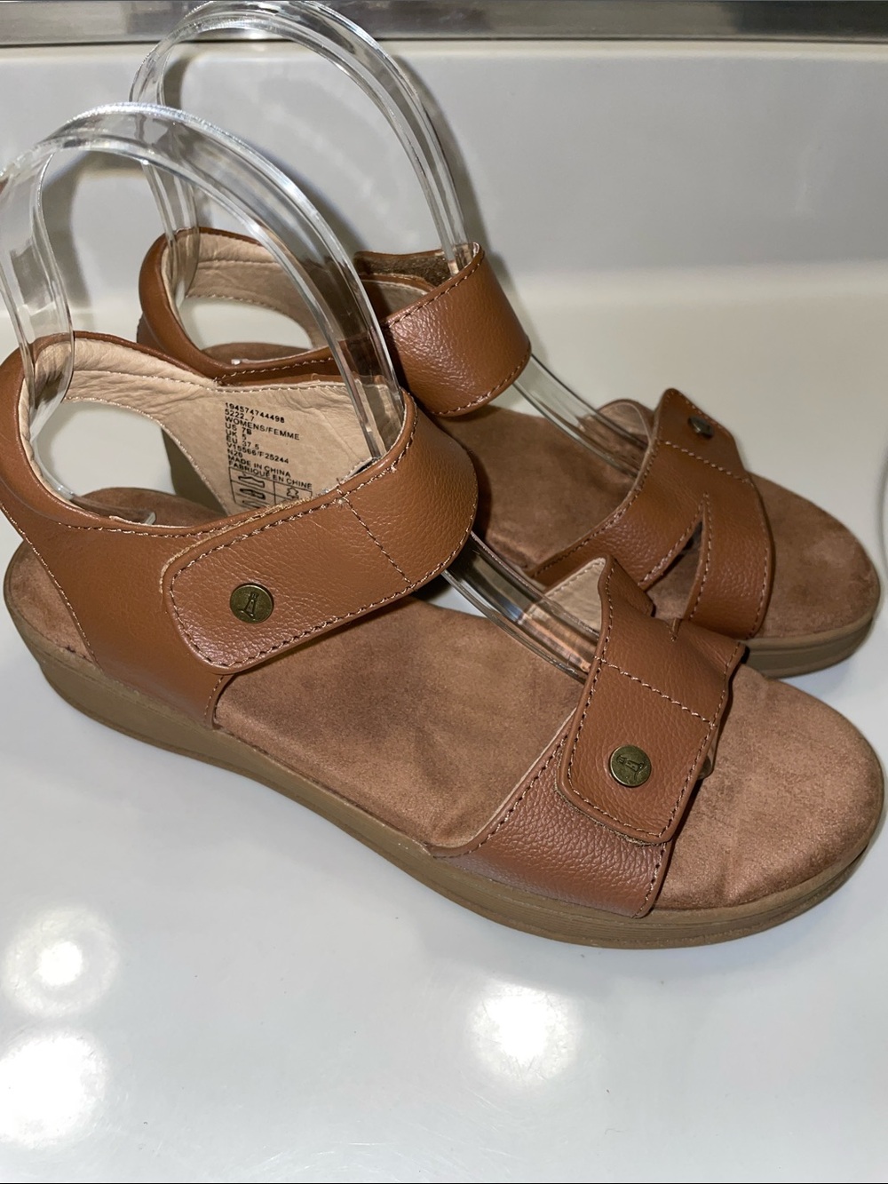 Lands’ End Women's Vegan Leather Brown Strappy Wedge Sandals